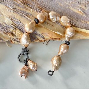 Handmade Natural Rose Gold Natural Baroque Pearl w Charm Pave Clasp Bracelet